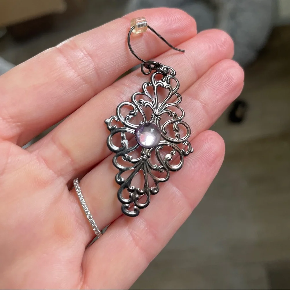 Pewter Filigree Boho Drop Earrings Pink Purple Stone Accent Y2K Dainty‎ Jewelry
